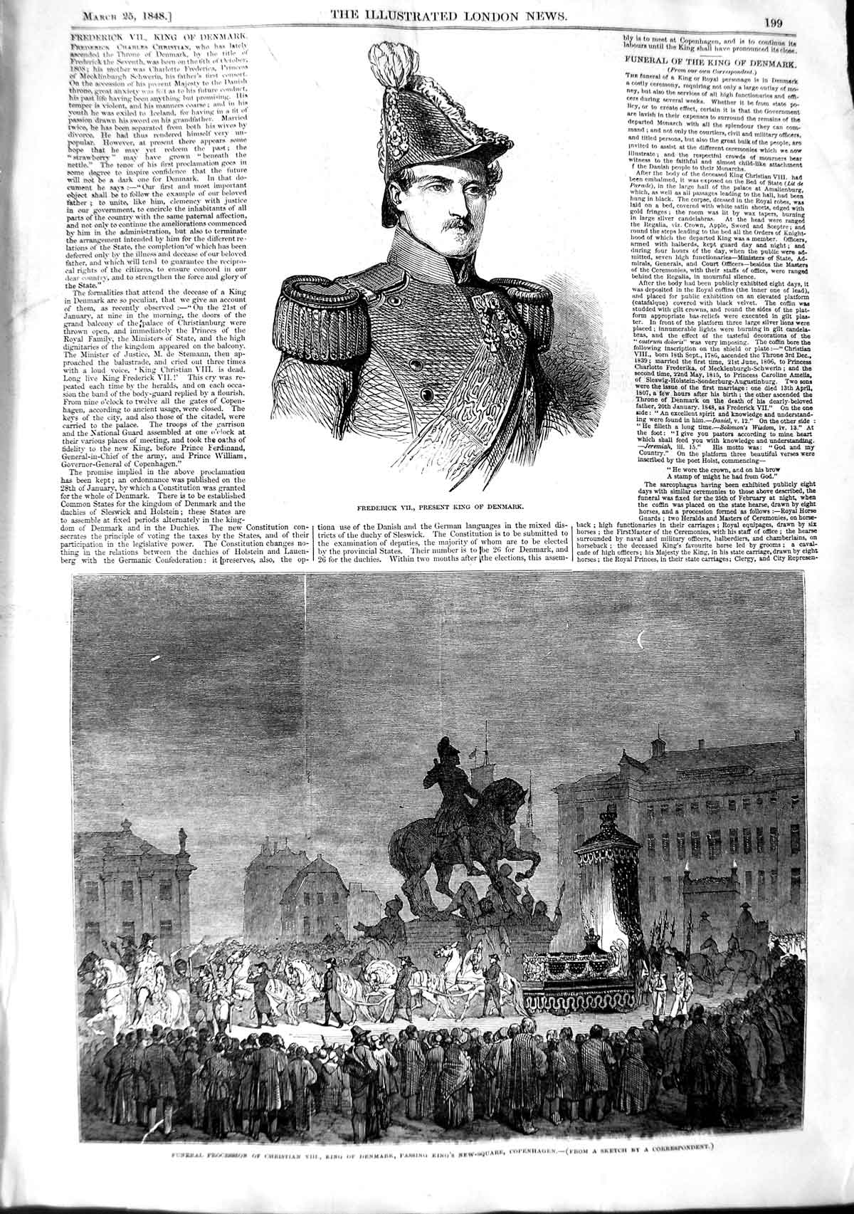 Original Old Antique Print 1848 Frederick King Denmark Funeral Body Ch Victorian