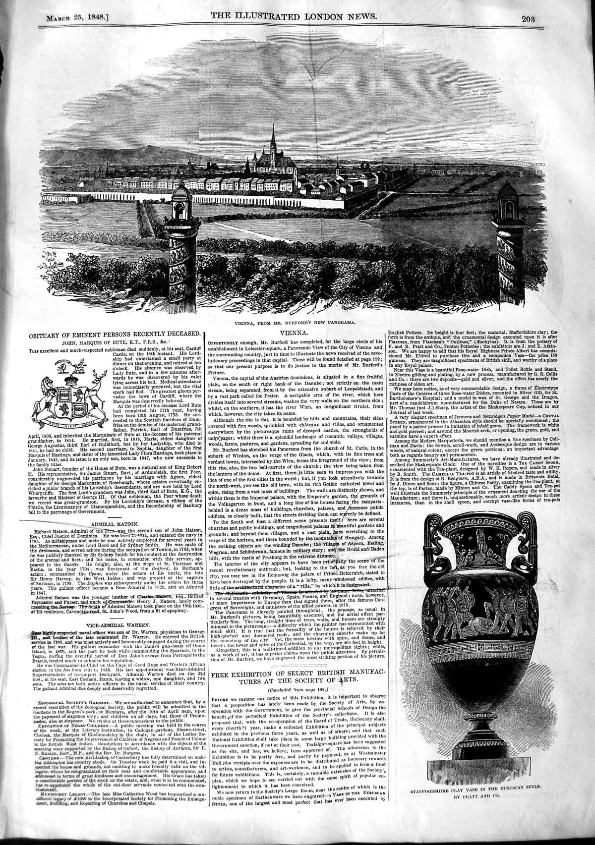 Old Antique Print 1848 Panorama Vienna Burford Staffordshire Vase Pratt 19th