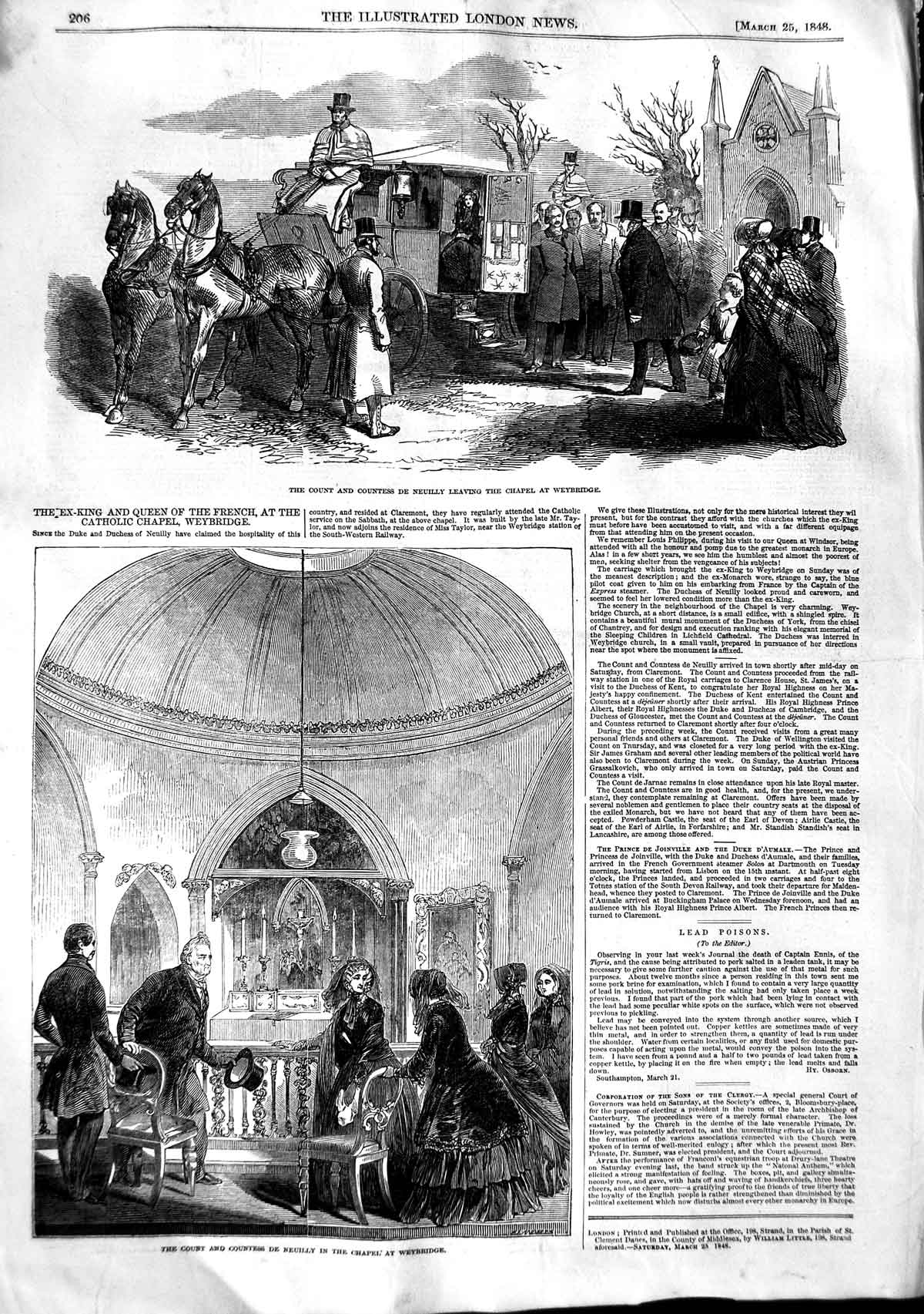 Old Antique Print 1848 Count Countess Neuilly Catholic Chapel Weybridge 19th