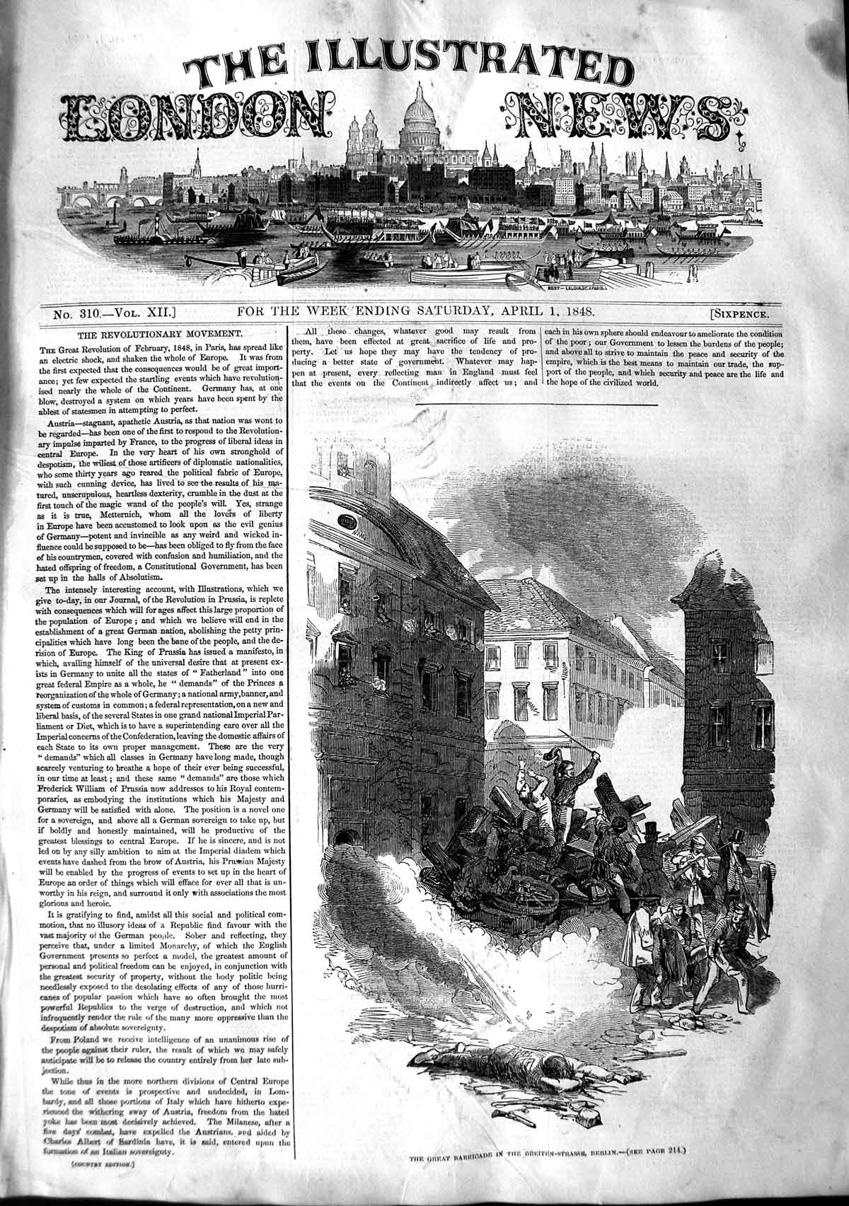 Original Old Antique Print 1848 Great Barricade Breiten-Strasse Berlin Germany