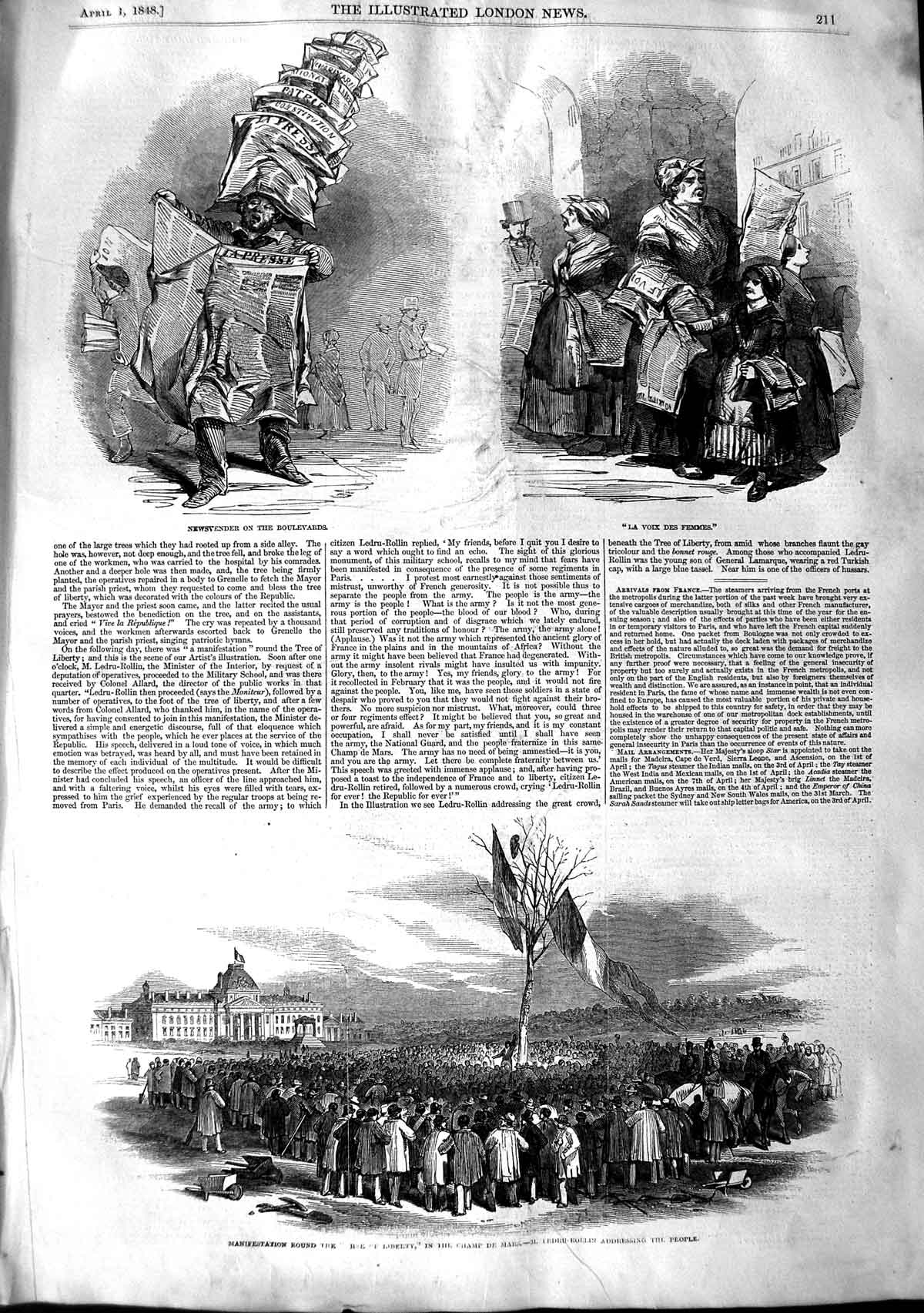 Old Antique Print 1848 Champ De Mars Liberty Flag Newsvender Boulevards 19th