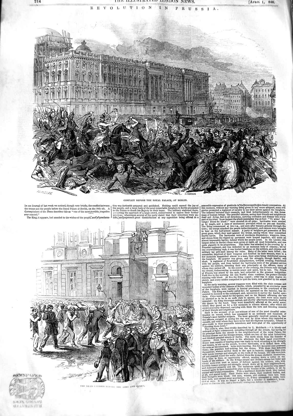 Original Old Antique Print 1848 Revolution Prussia Royal Palace Berlin Victorian