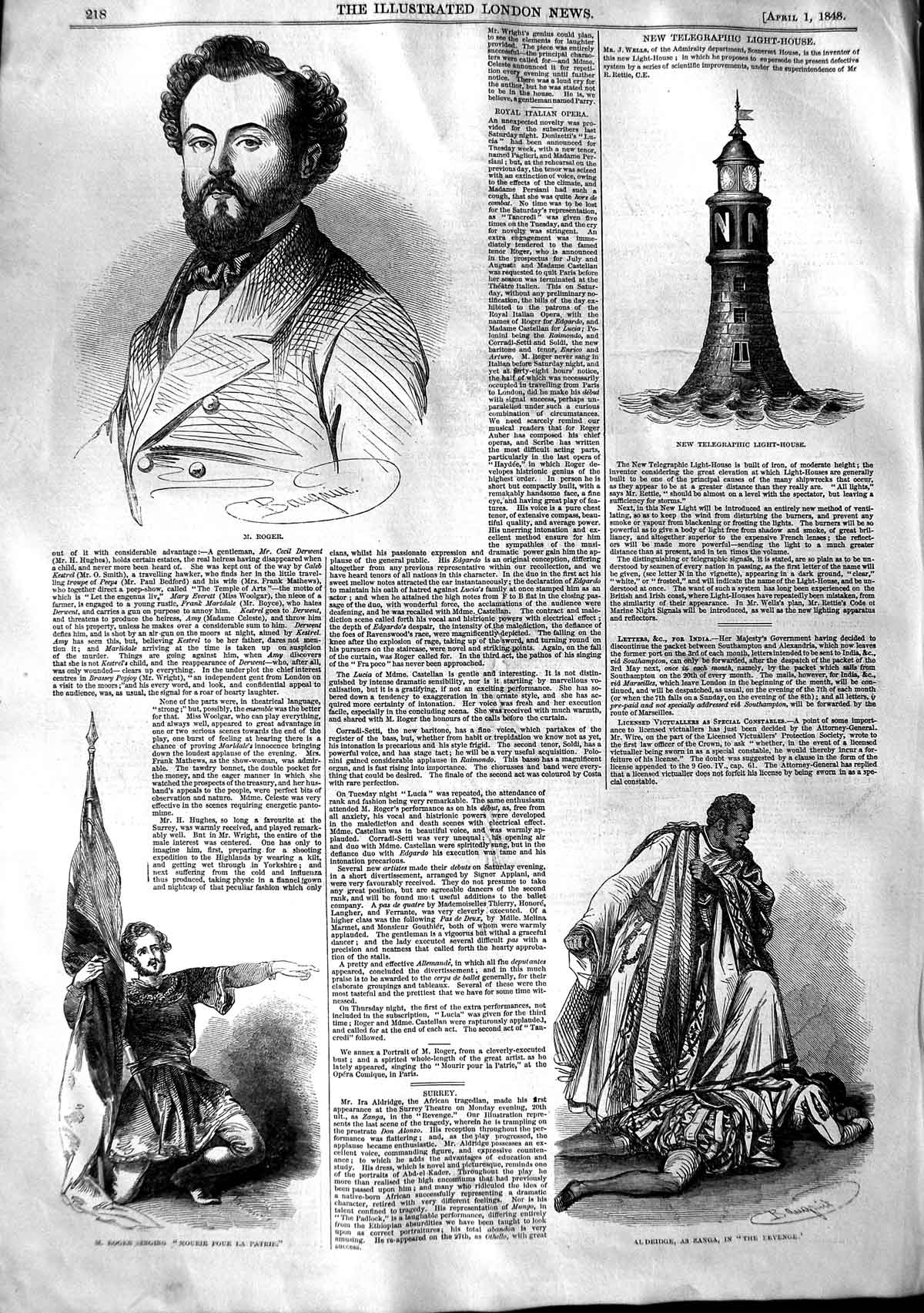 Old Antique Print 1848 Roger Telegraphic Light-House Opera Theatre Patrie 19th