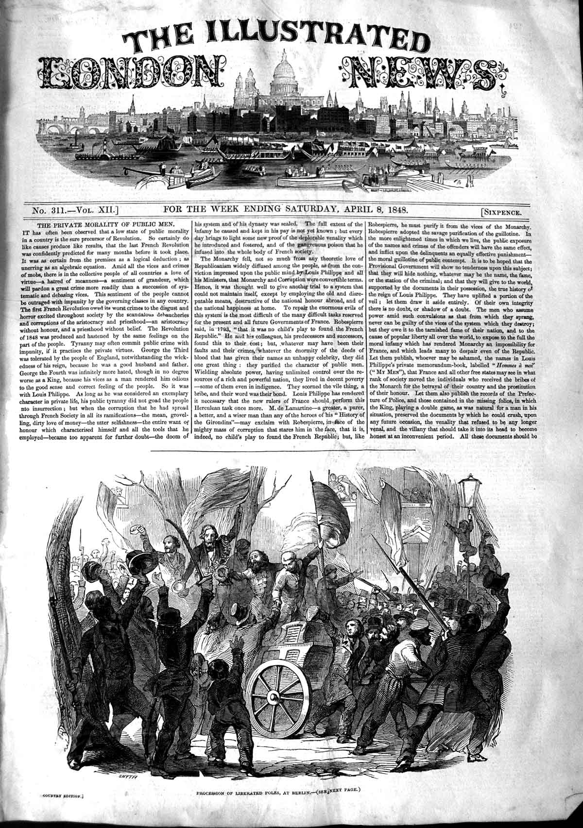 Original Old Antique Print 1848 Procession Liberated Polish People Berlin 19th