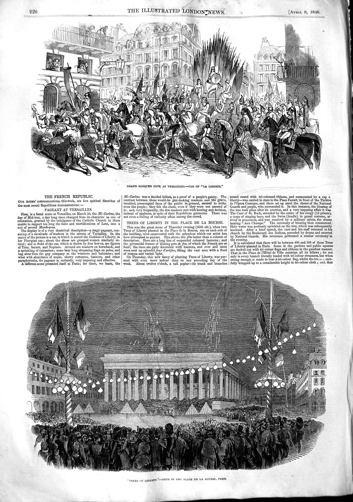 Old Antique Print 1848 Fete Versailles Trees Liberty Bourse Paris France 19th