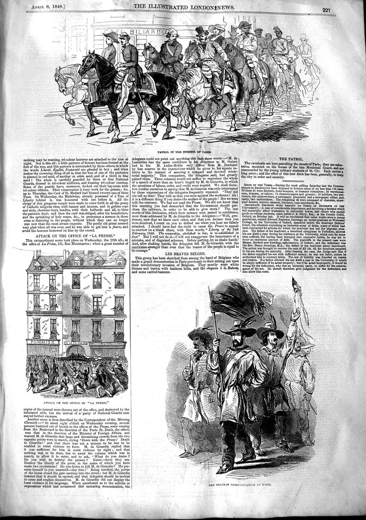 Original Old Antique Print 1848 Patrol Streets Paris Belgian Siers La Presse