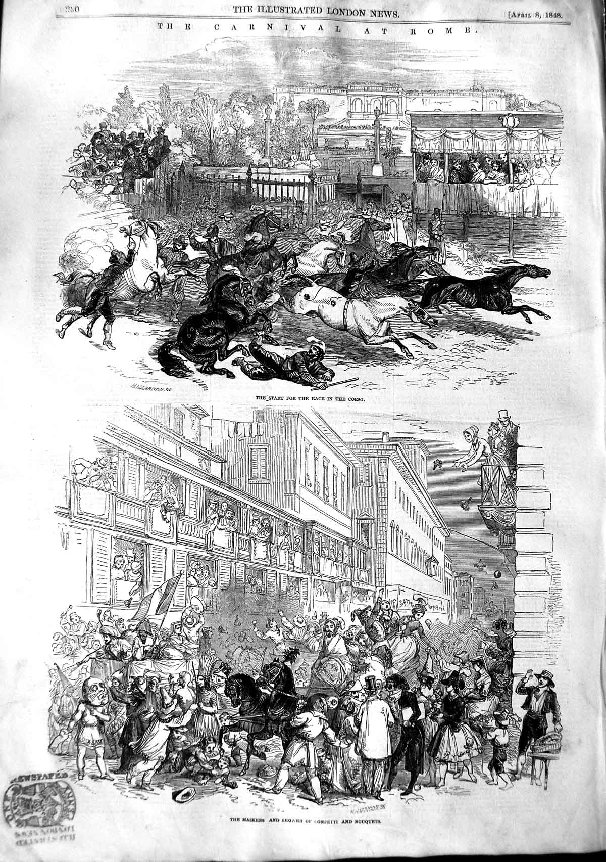Original Old Antique Print 1848 Carnival Rome Horse Racing Confetti Bouquets