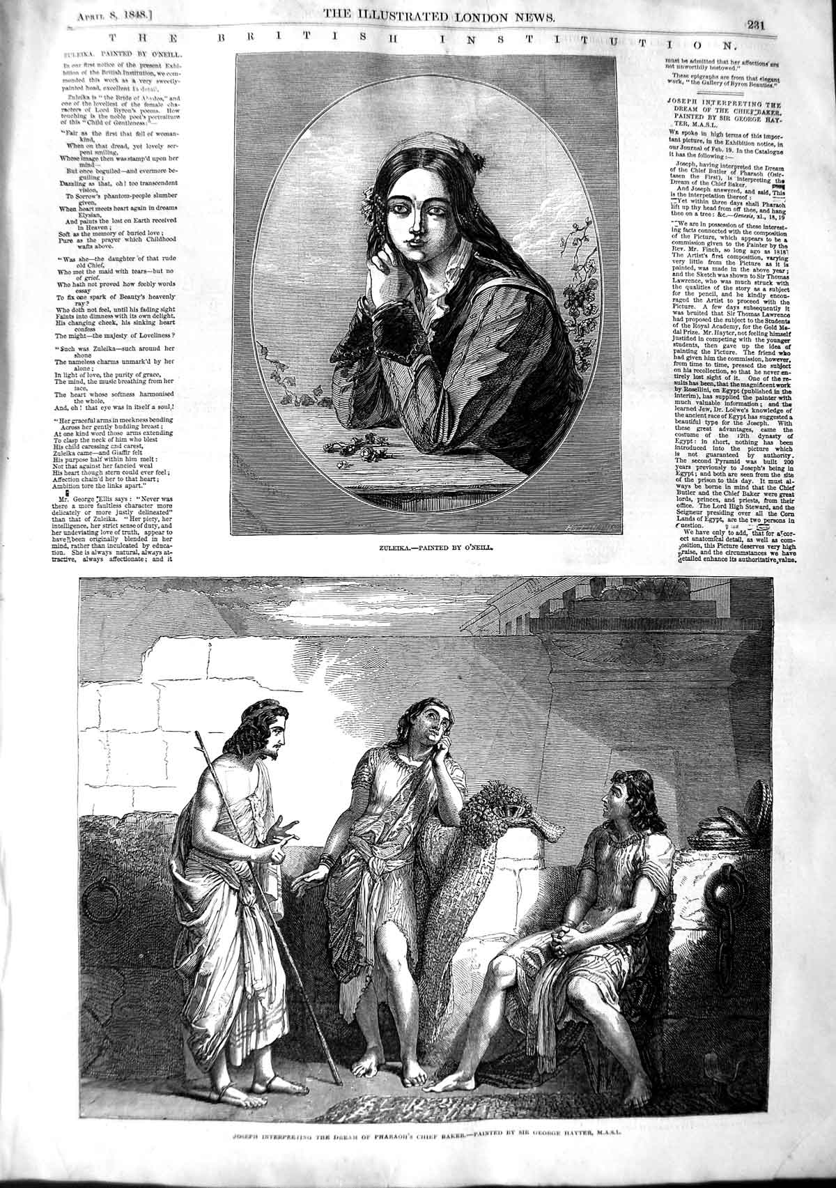 Original Old Antique Print 1848 British Institution Art Zuleika Joseph Pharaoh
