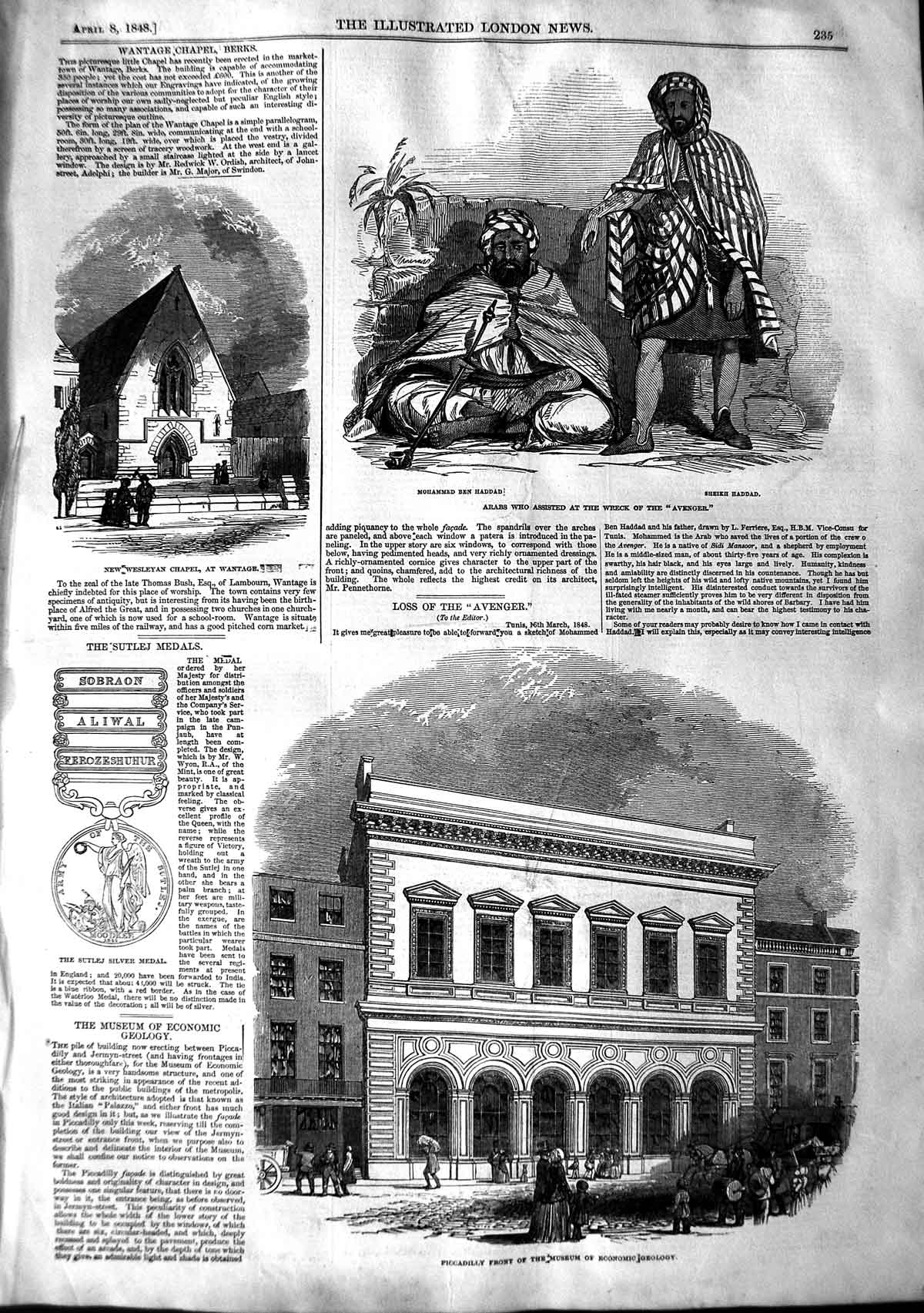 Original Old Antique Print 1848 Piccadilly Museum Geology Arabs Wesleyan Chapel