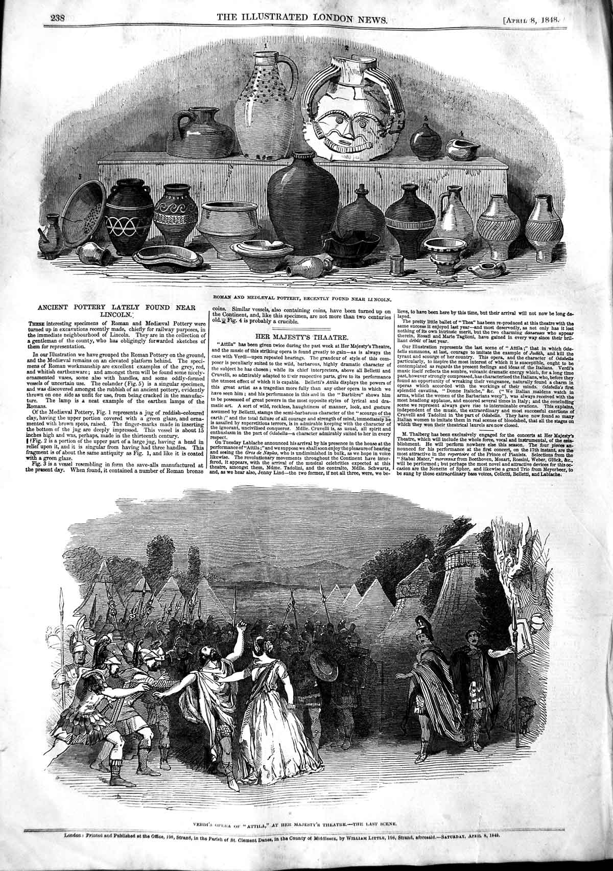 Original Old Antique Print 1848 Roman Pottery Lincoln Opera Attila Majesty 19th
