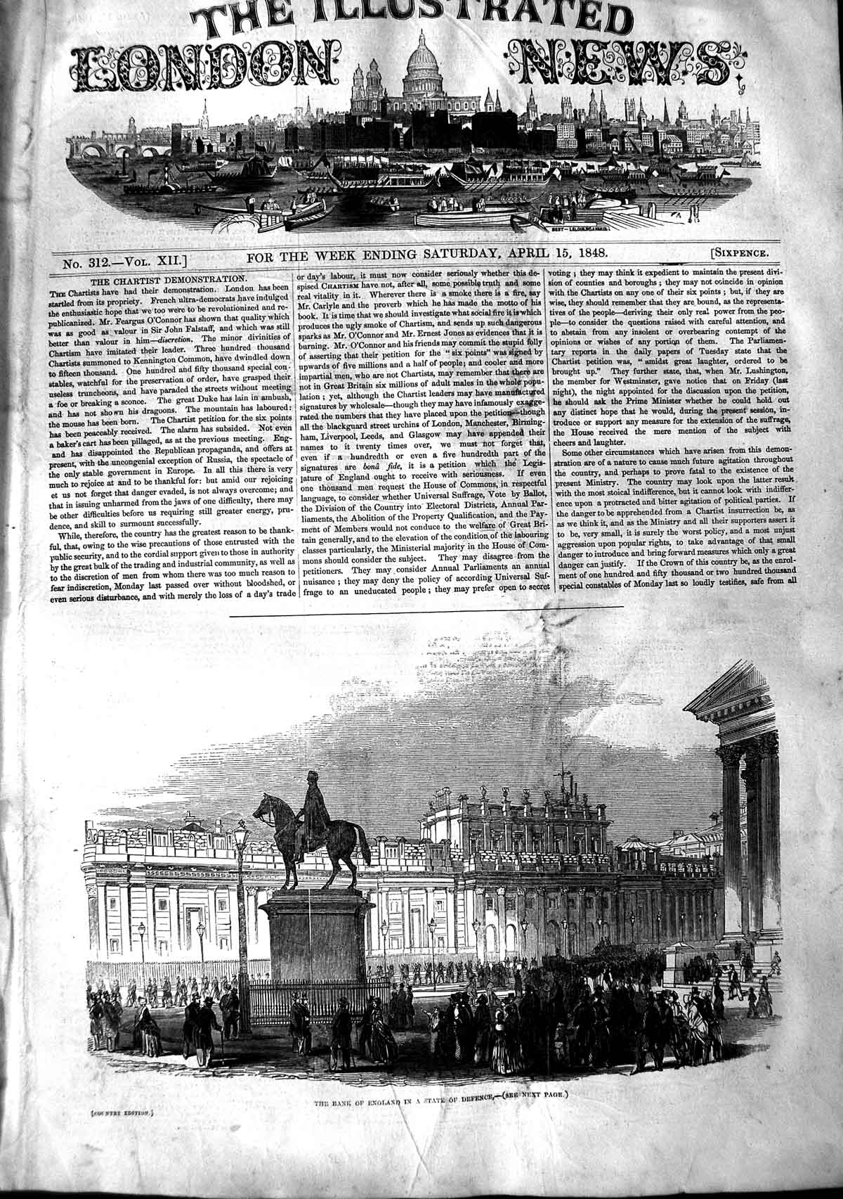 Original Old Antique Print 1848 Bank England State Defence Statue Building 19th