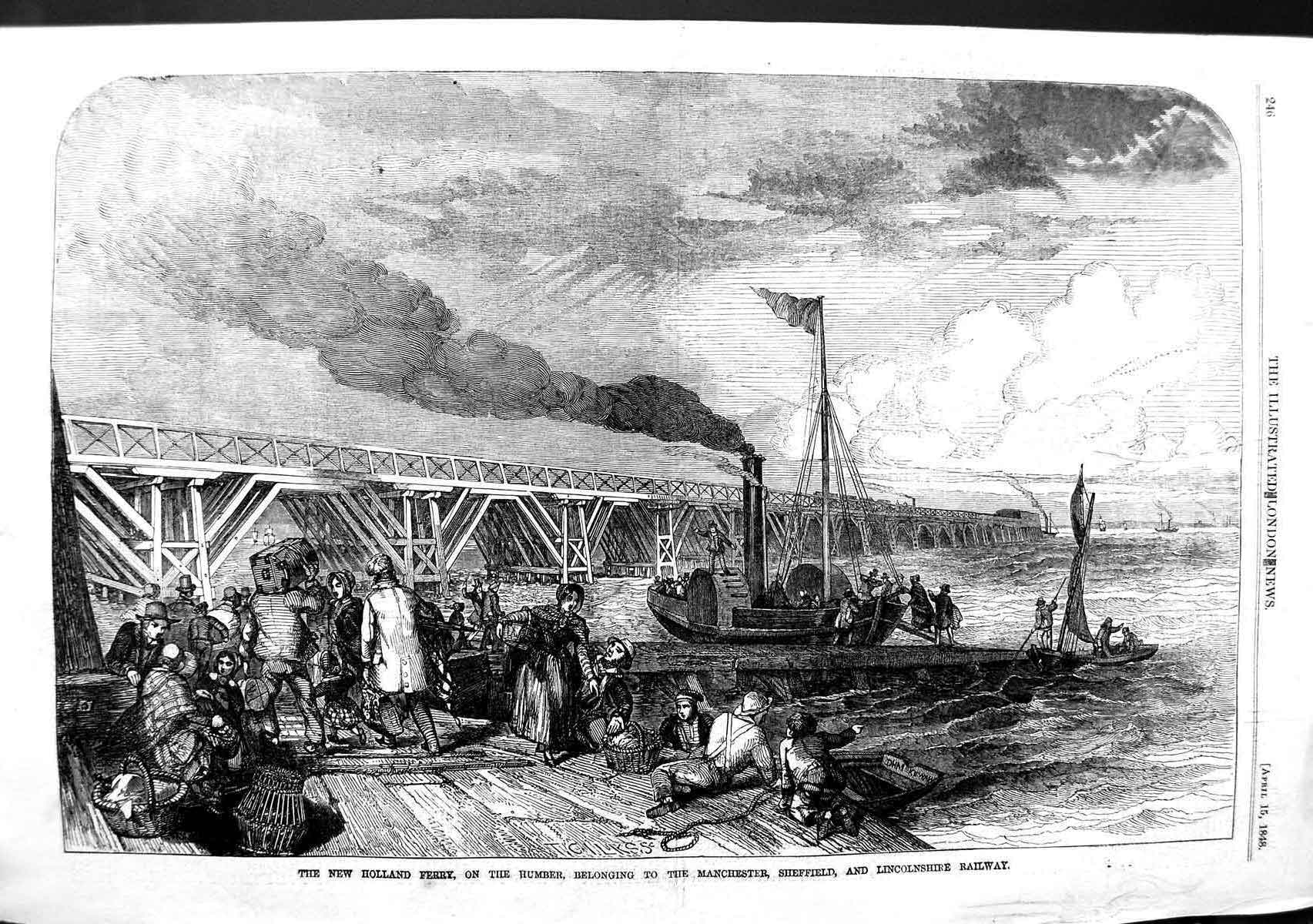 Original Old Antique Print 1848 Holland Ferry River Humber Manchester Victorian