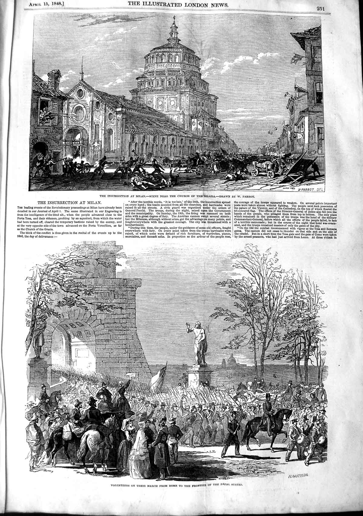 Original Old Antique Print 1848 Insurrection Milan Church Grazia Siers Rome