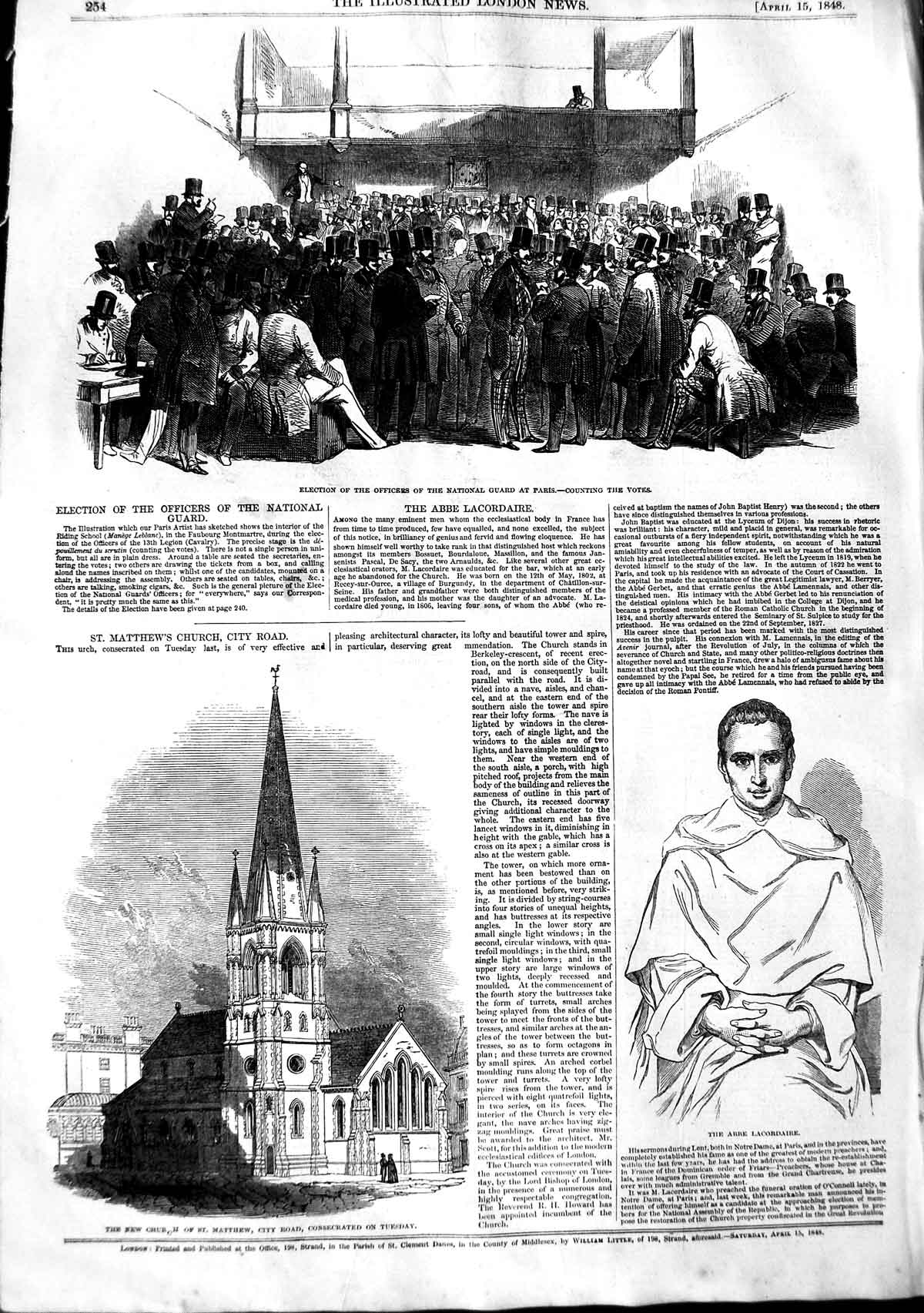 Original Old Antique Print 1848 Church Matthew City Road Lacordaire Guard Paris