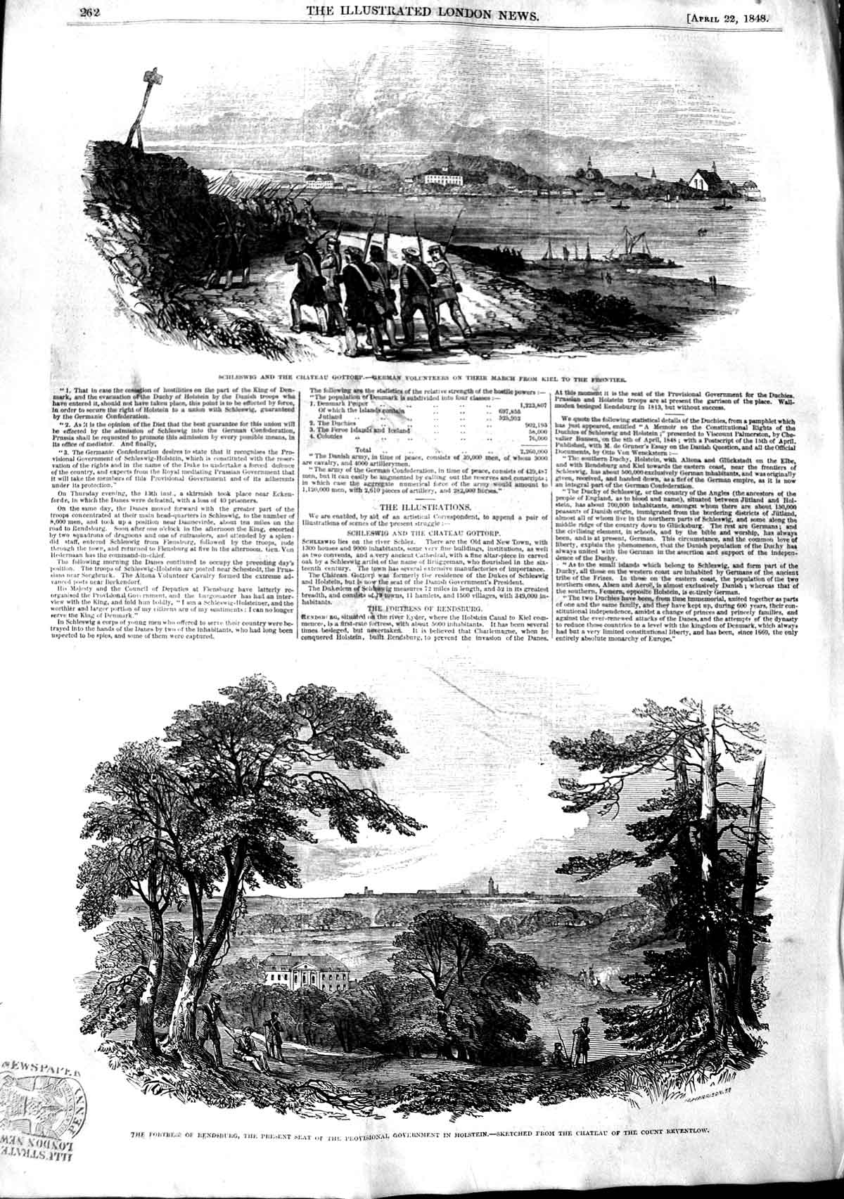 Old Antique Print 1848 Fortress Rendsburg Holstein Schleswig Gottorp War 19th