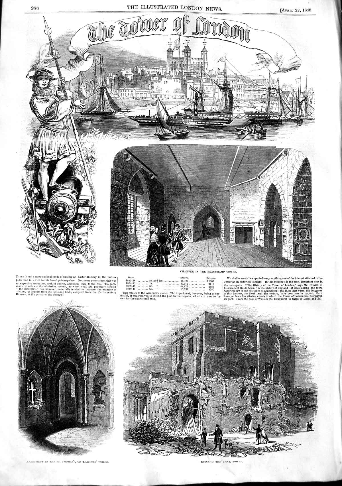 Original Old Antique Print 1848 Tower London Beauchamp Tower Horse Armoury 19th