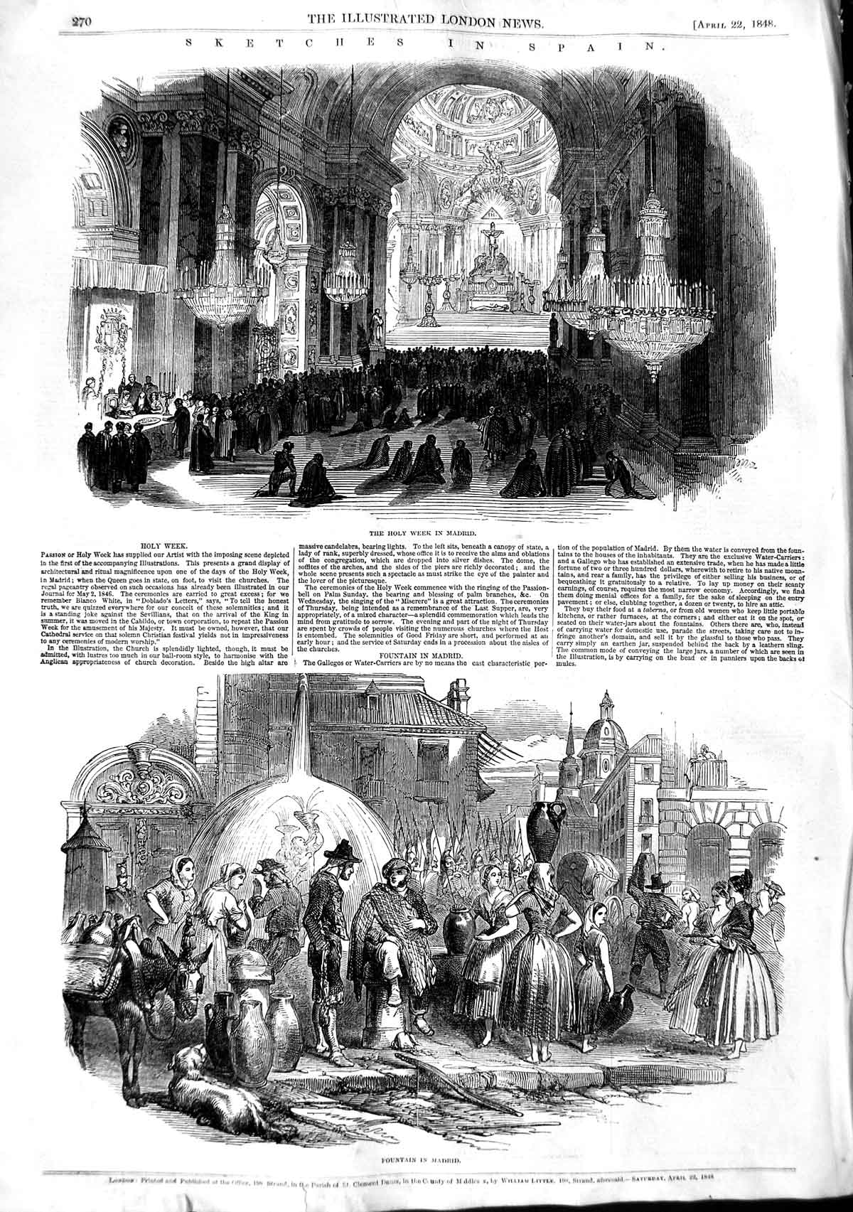 Original Old Antique Print 1848 Spain Holy Week Madrid Fountain Stree Victorian