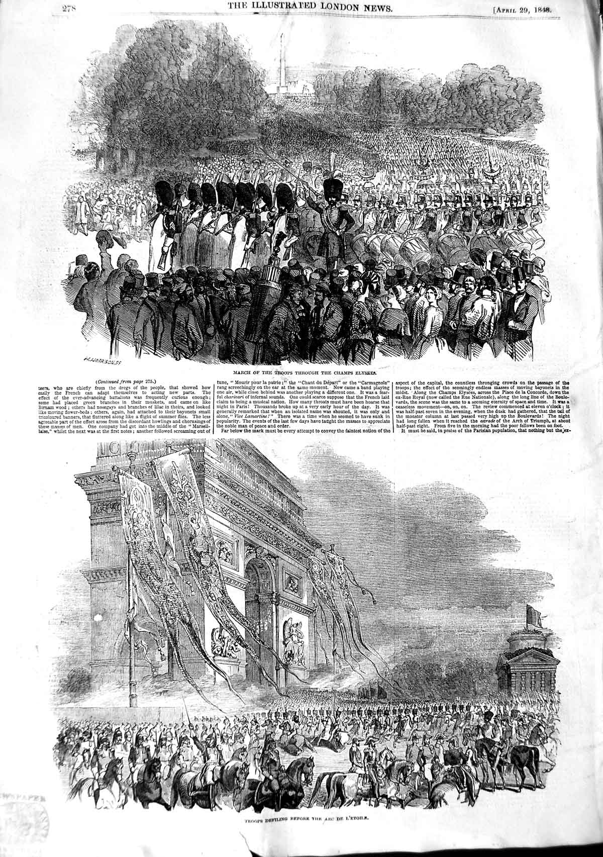 Original Old Antique Print 1848 March Siers Champs Elysees Arc De L'Etoile 19th
