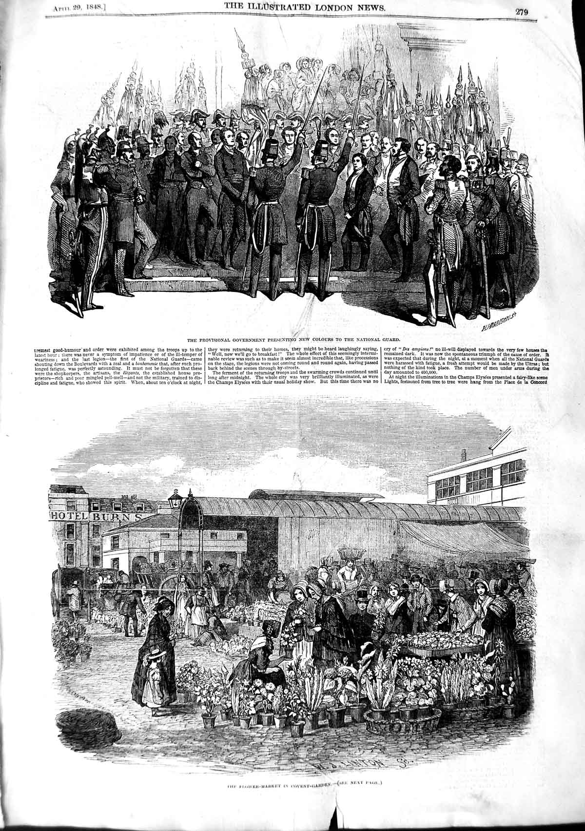 Original Old Antique Print 1848 Government National Guard Flowers Covent Garden