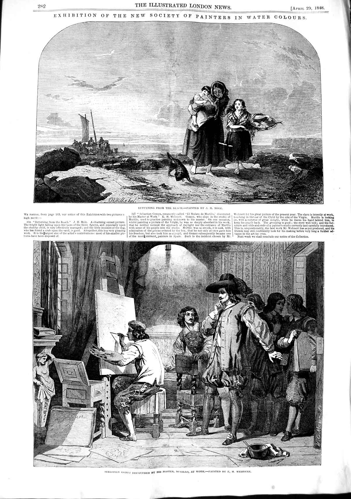 Original Old Antique Print 1848 Sebastian Gomez Murillo Art Studio Beach Family