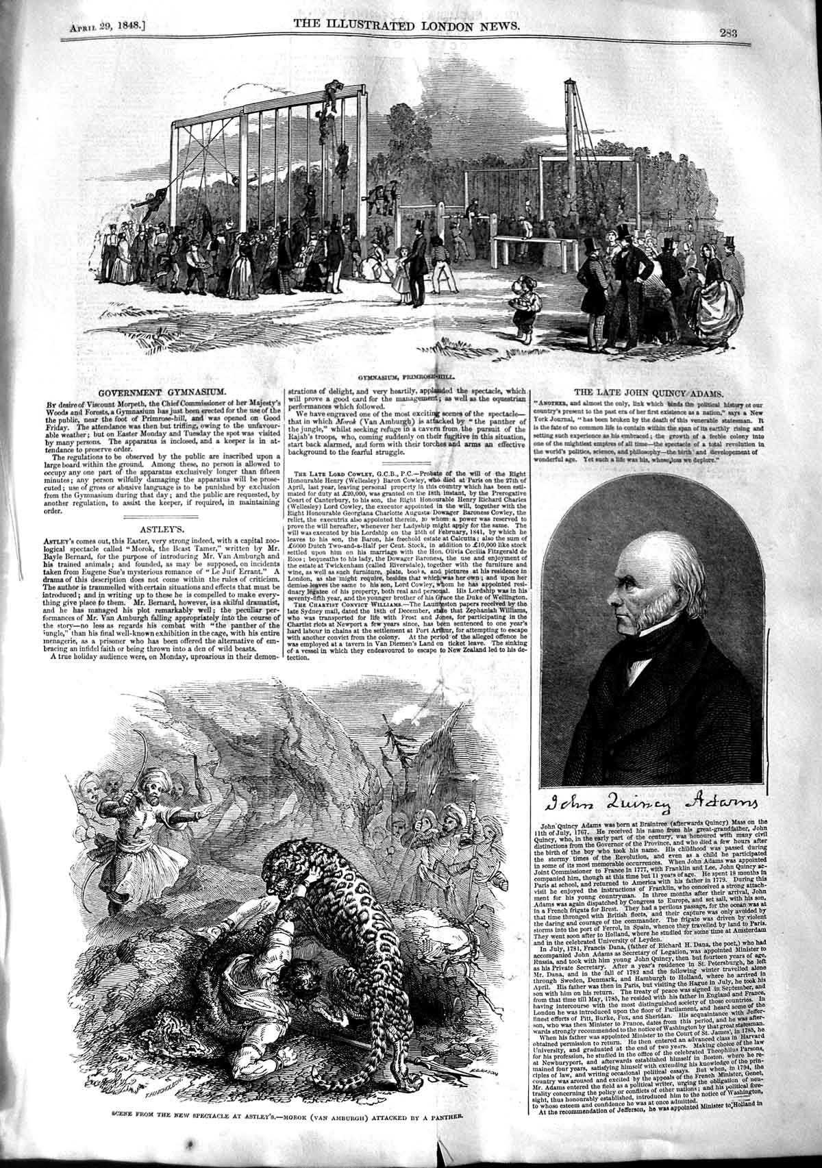 Original Old Antique Print 1848 Gymnasium Primrose Hill John Quincy Adams Morok