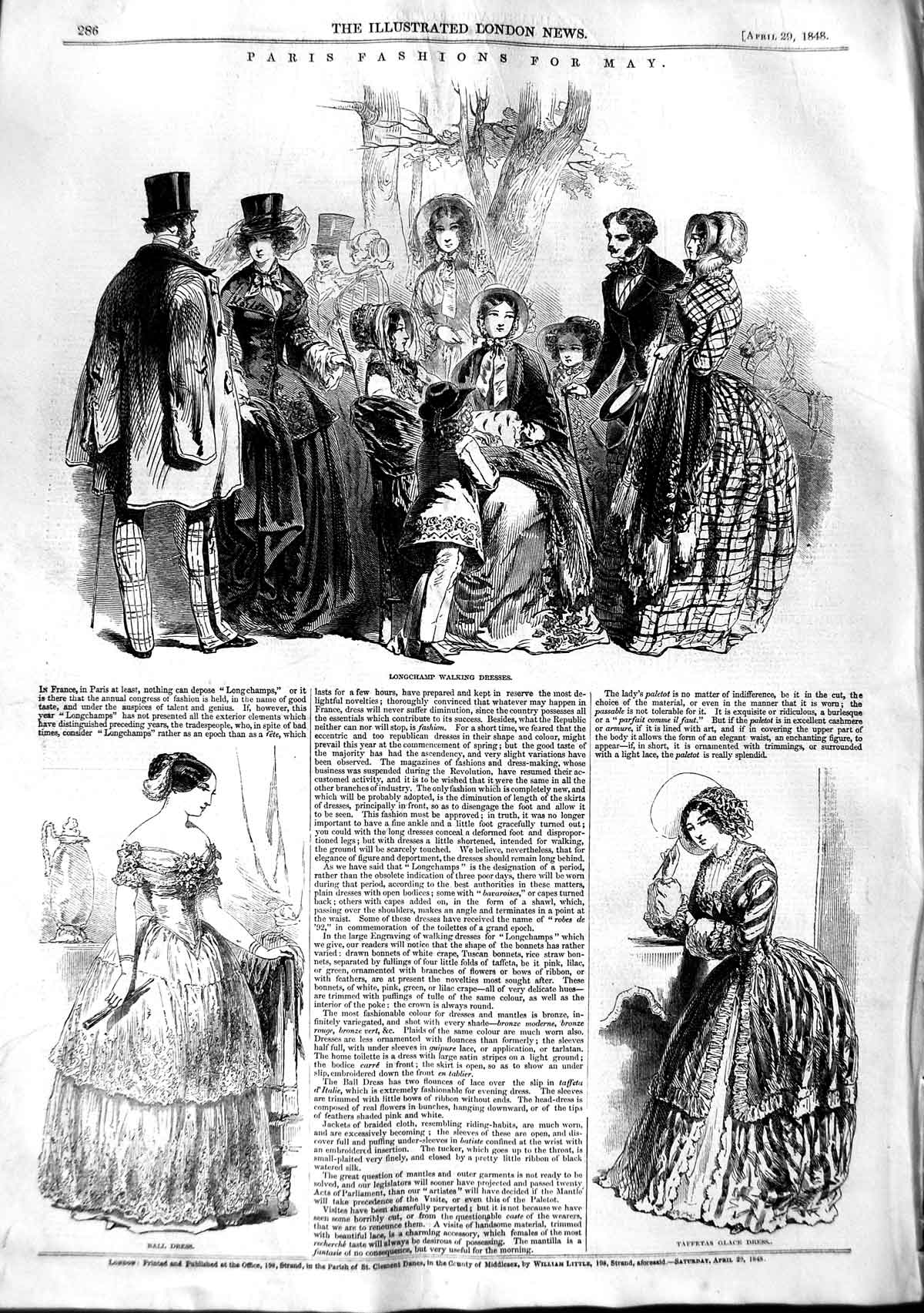 Original Old Antique Print 1848 Fashion Longchamp Walking Dresses Taffetas Ball