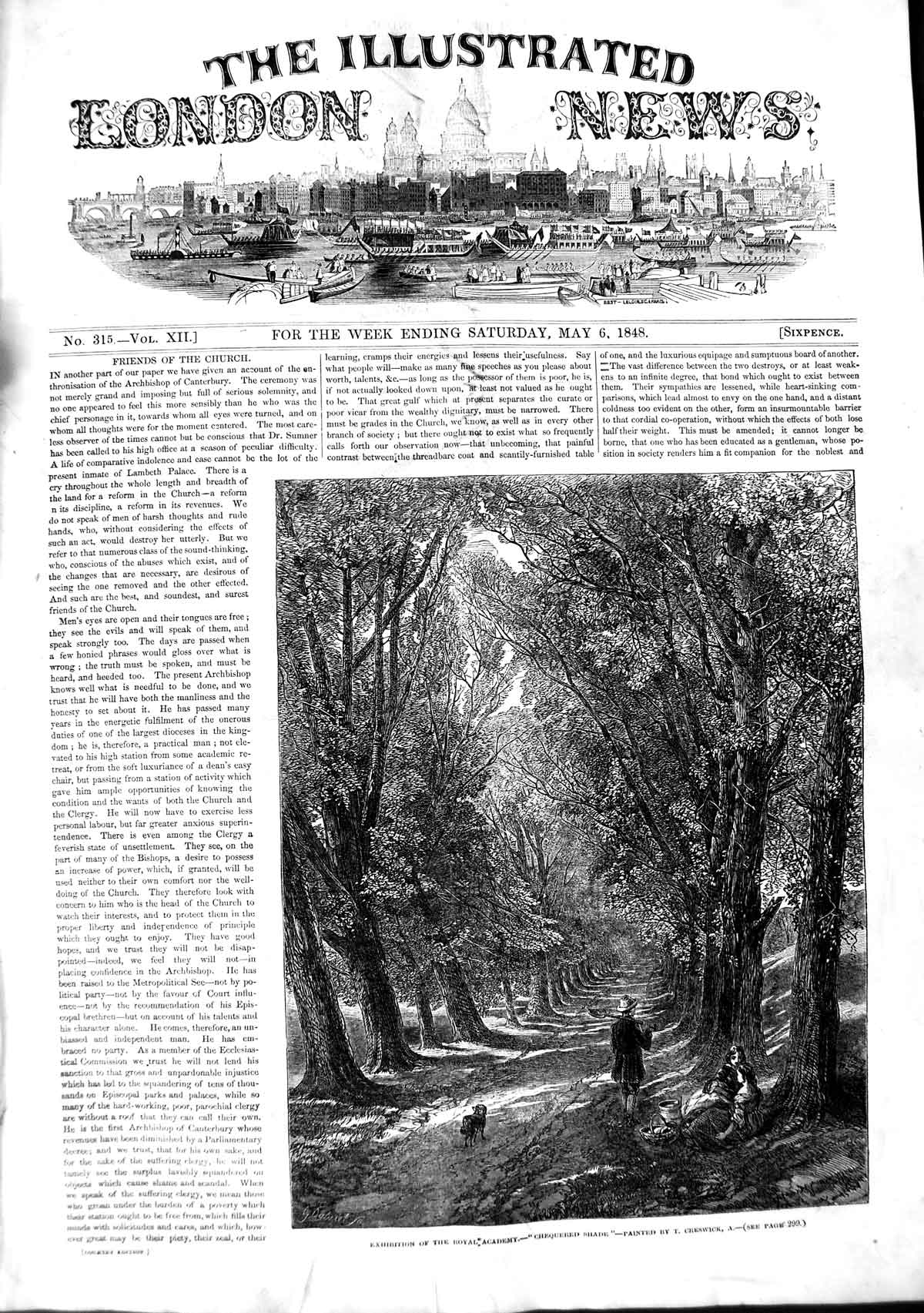 Original Old Antique Print 1848 Royal Academy Art Chequered Shade Trees Country