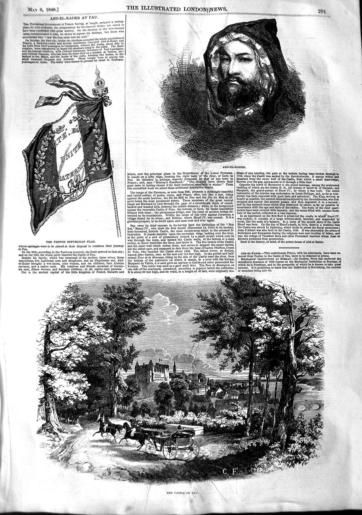Original Old Antique Print 1848 Abd-El-Kader Pau Castle French Republic 19th
