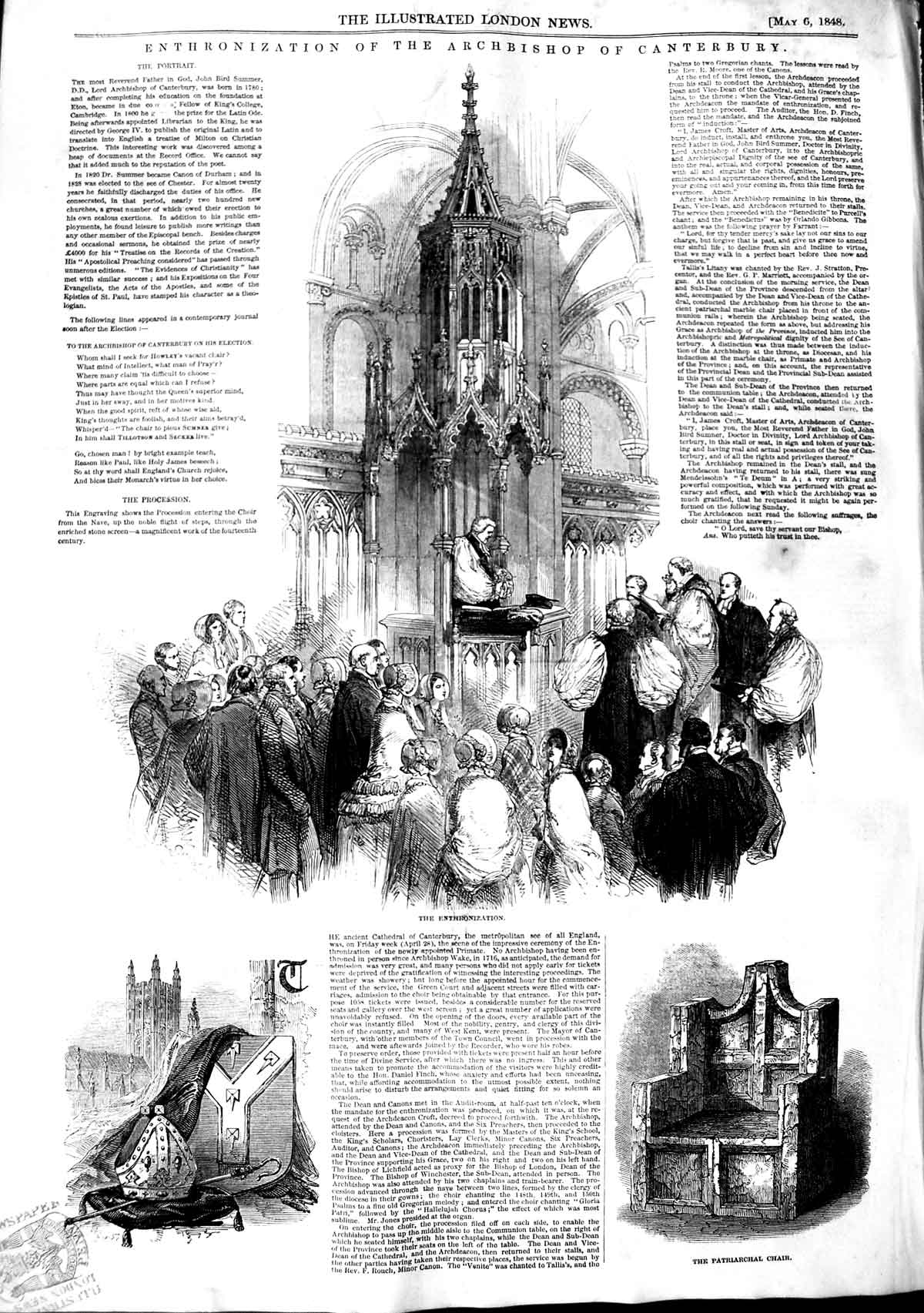 Original Old Antique Print 1848 Enthronization Archbishop Canterbury Cathedral