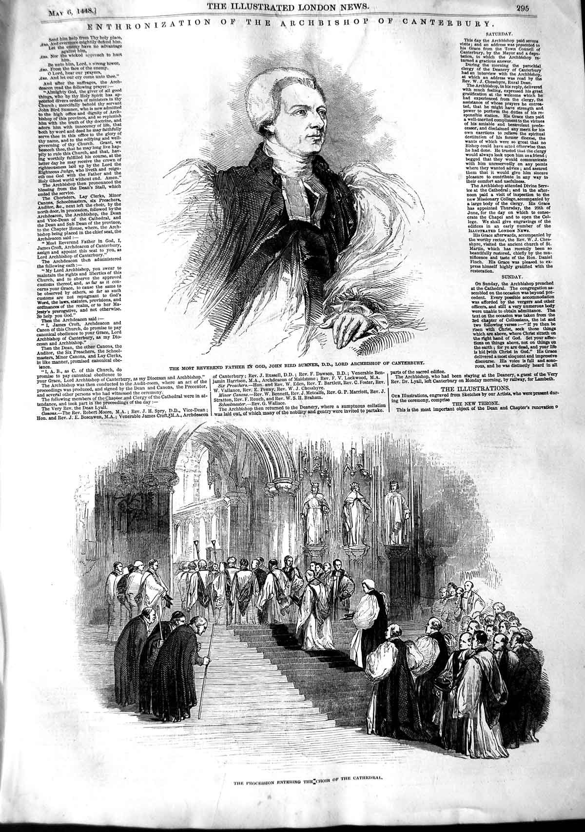 Original Old Antique Print 1848 Father John Bird Sumner Choir Canterbury Ca 19th