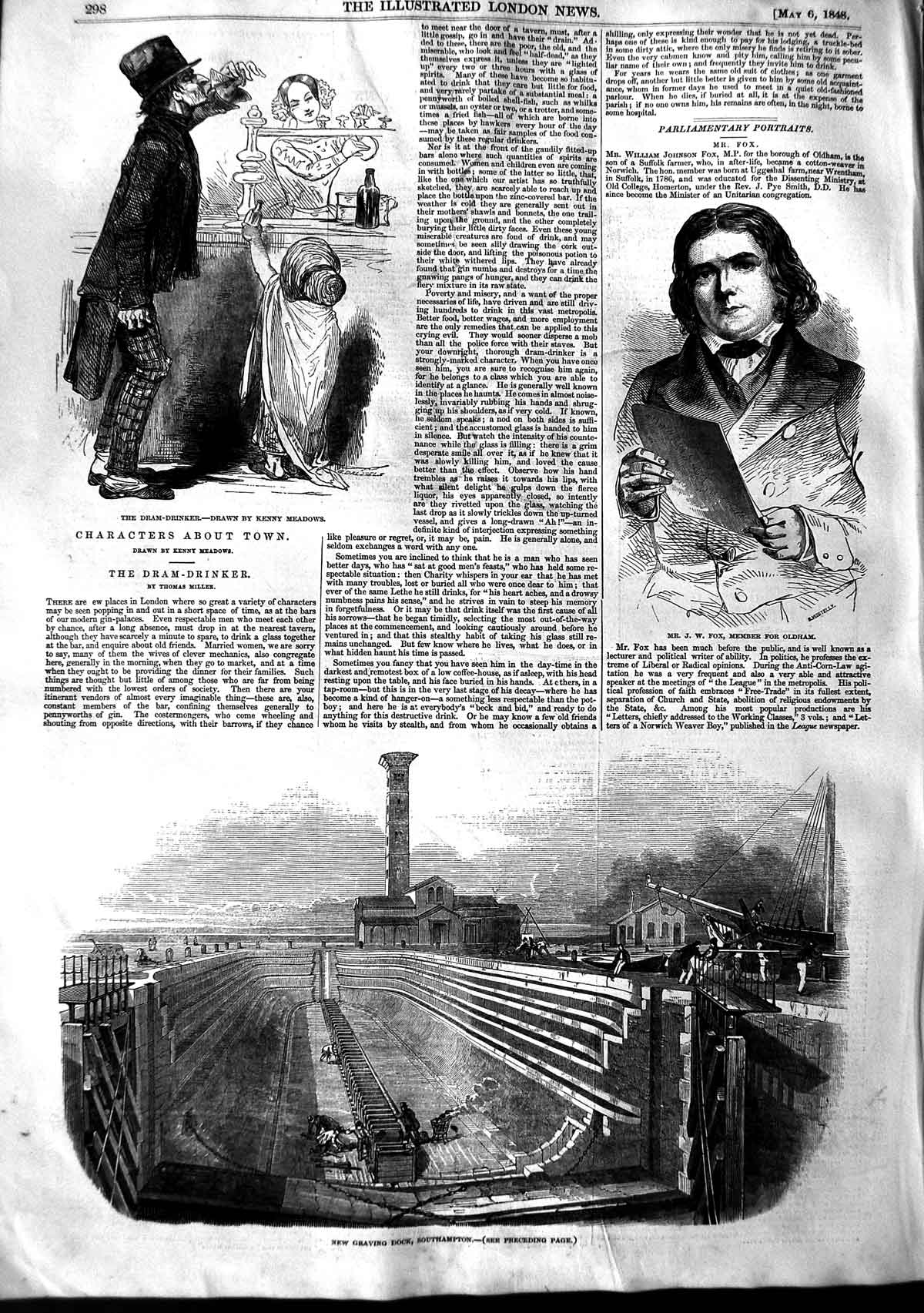 Original Old Antique Print 1848 Graving Dock Southampton Fox ham Dram- Victorian
