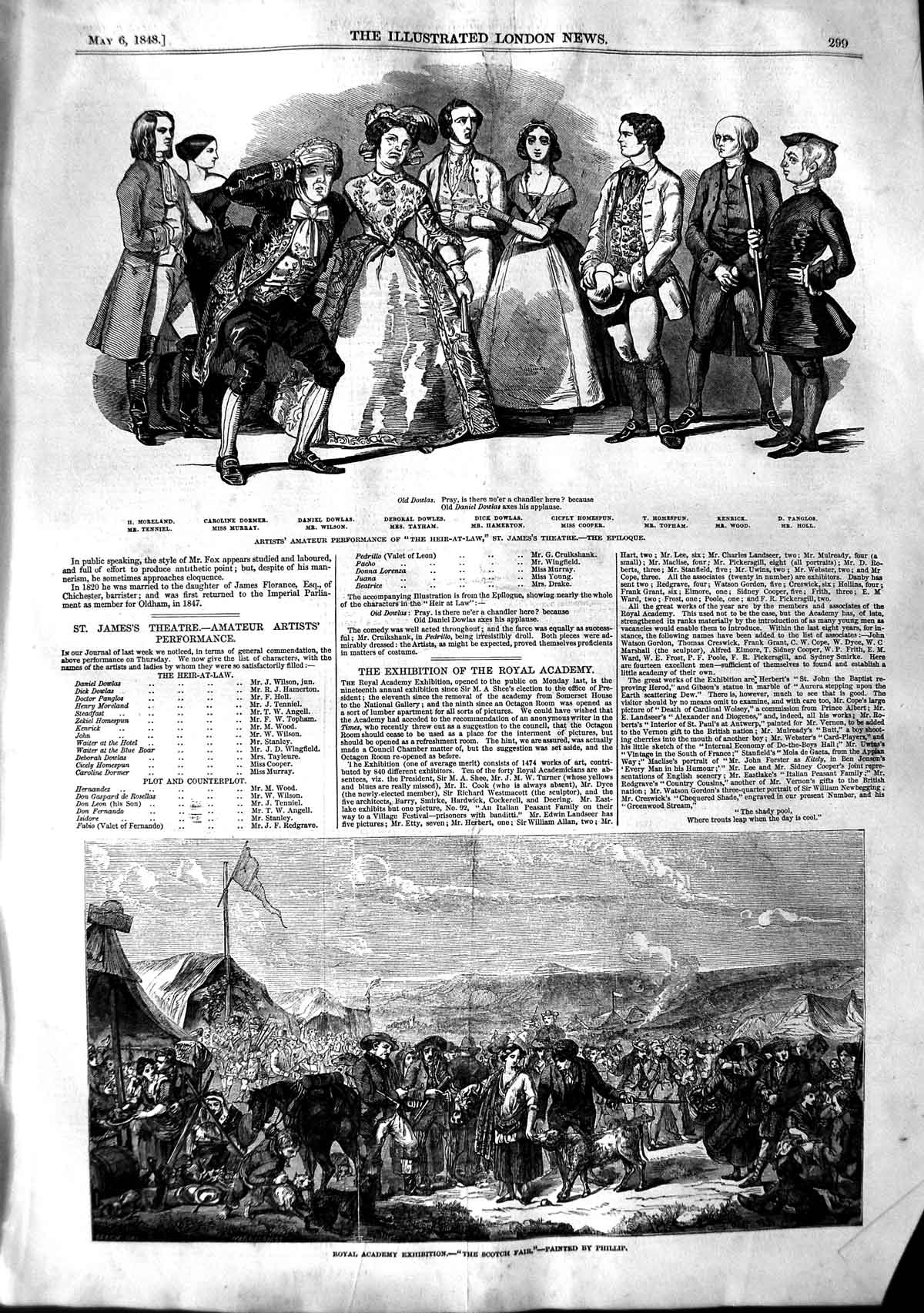 Old Antique Print 1848 Scotch Fair James'S Theatre Heir-At-Law Hamerton 19th