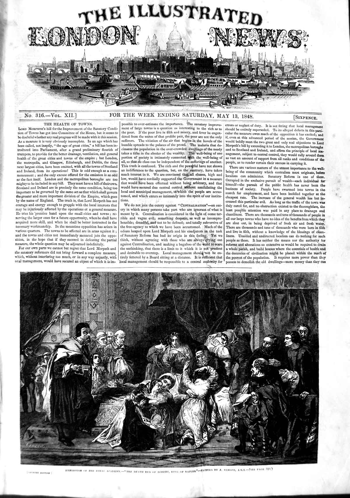 Original Old Antique Print 1848 Royal Academy Art Death Bed Robert King Naples