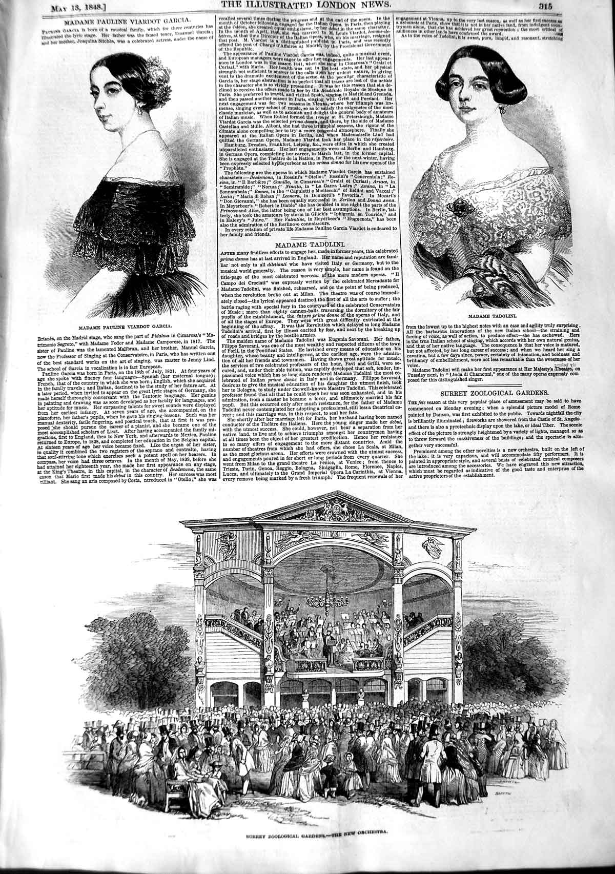 Old Antique Print 1848 Madame Tadolini Garcia Surrey Zoological Gardens 19th