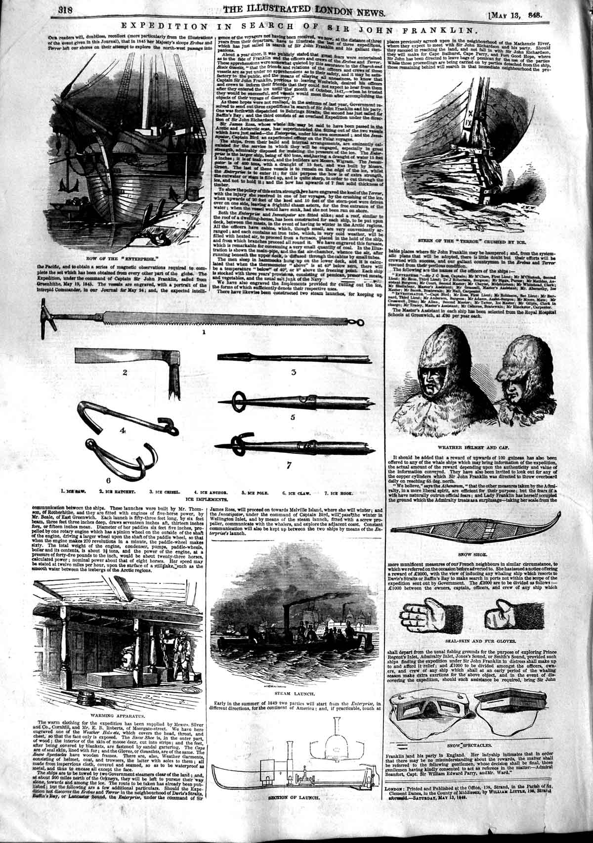 Original Old Antique Print 1848 John Franklin Ship Enterprise Weather Hel 19th