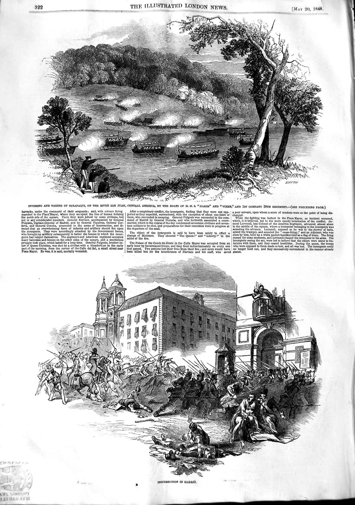 Old Antique Print 1848 Insurrection Madrid Serapaqui San Juan Alarm Ship 19th