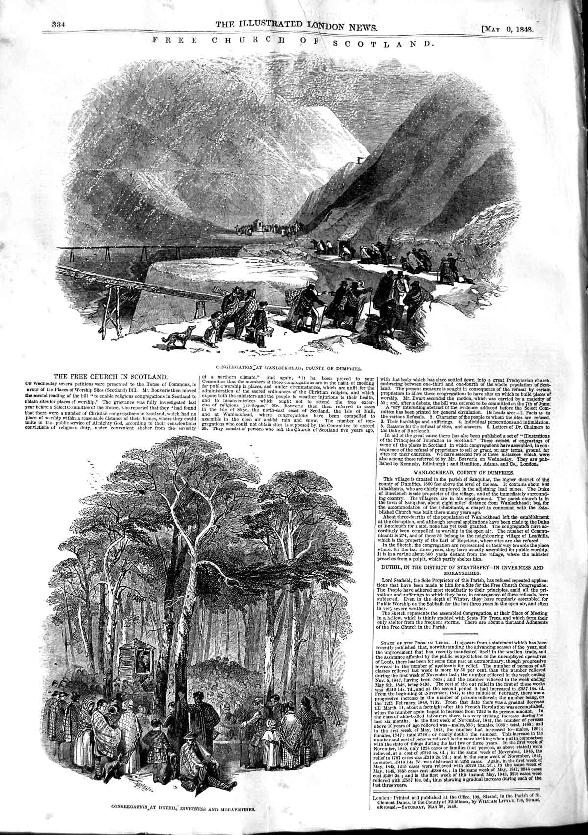 Original Old Antique Print 1848 Free Church Scotland Duthil Inverness D 19th