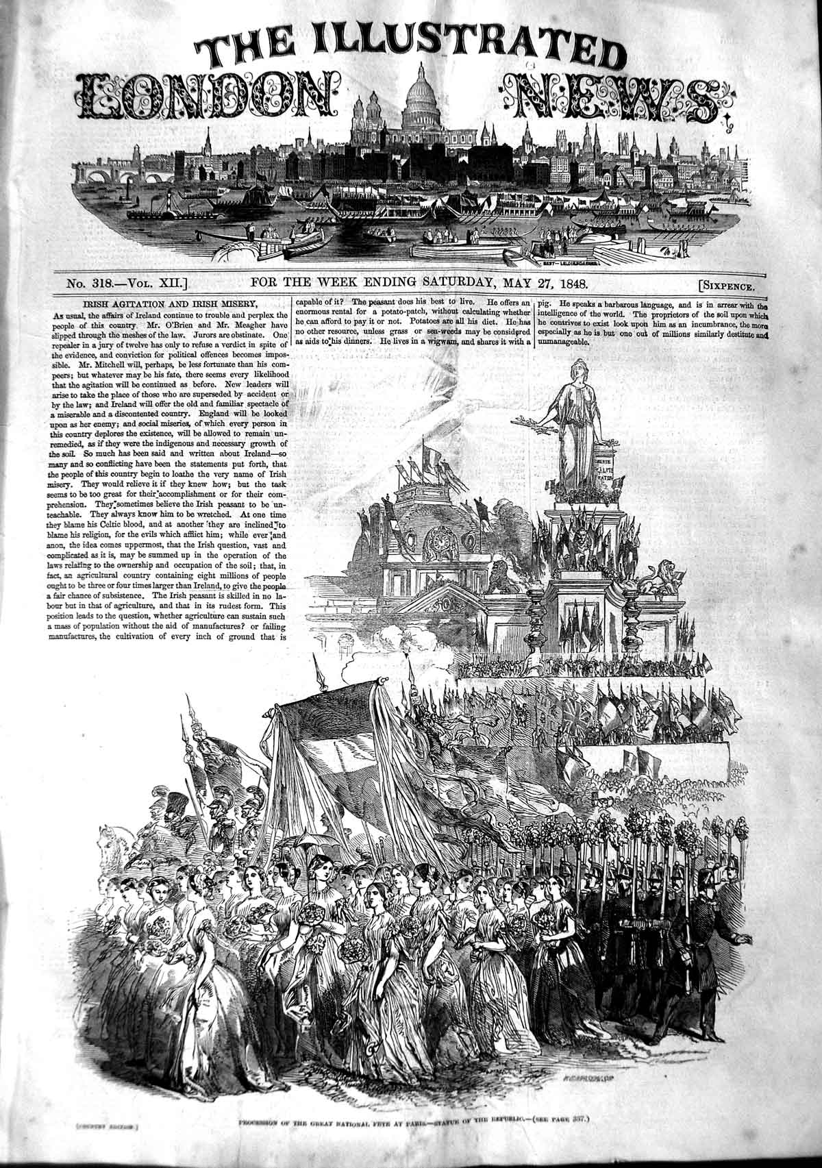 Old Antique Print 1848 Procession Great National Fete Paris Statue France 19th