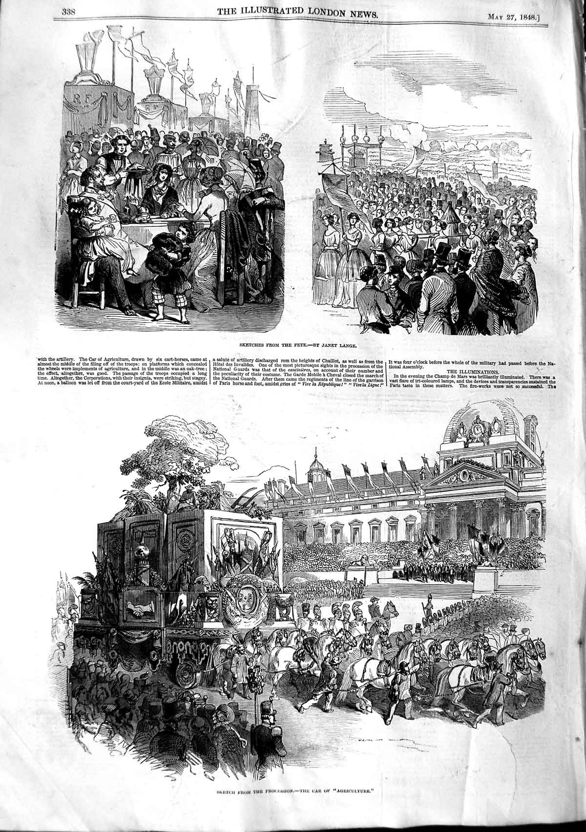 Original Old Antique Print 1848 Procession Car Agriculture Fete 19th
