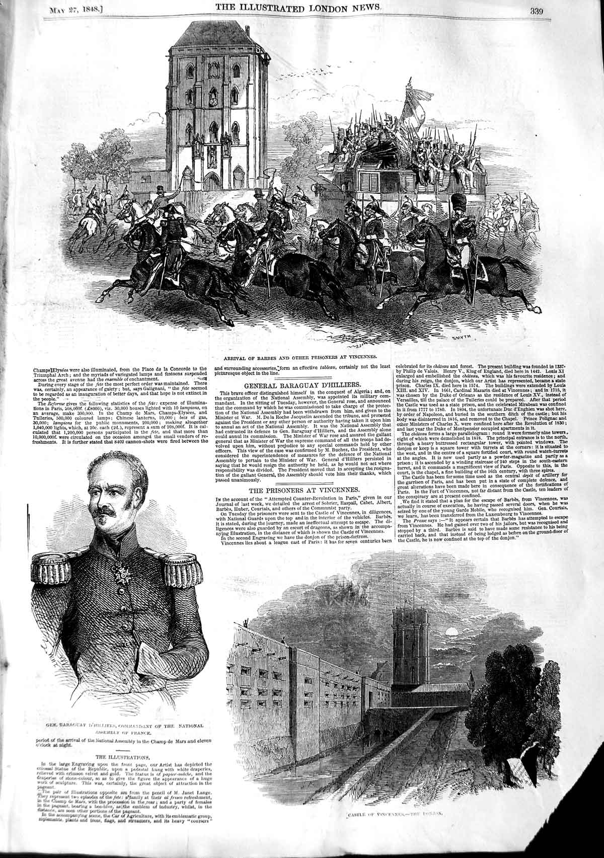 Original Old Antique Print 1848 Barbes Prisoners Vincennes Castle D'H Victorian