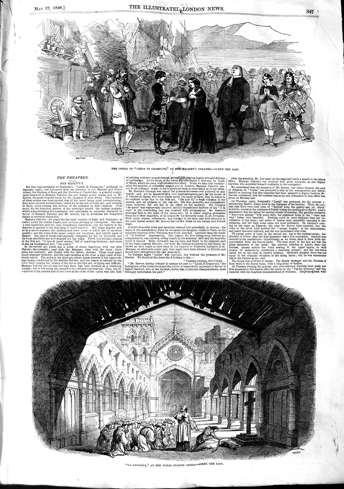 Original Old Antique Print 1848 Opera Linda Chamouni Majesty Theatre Italia 19th
