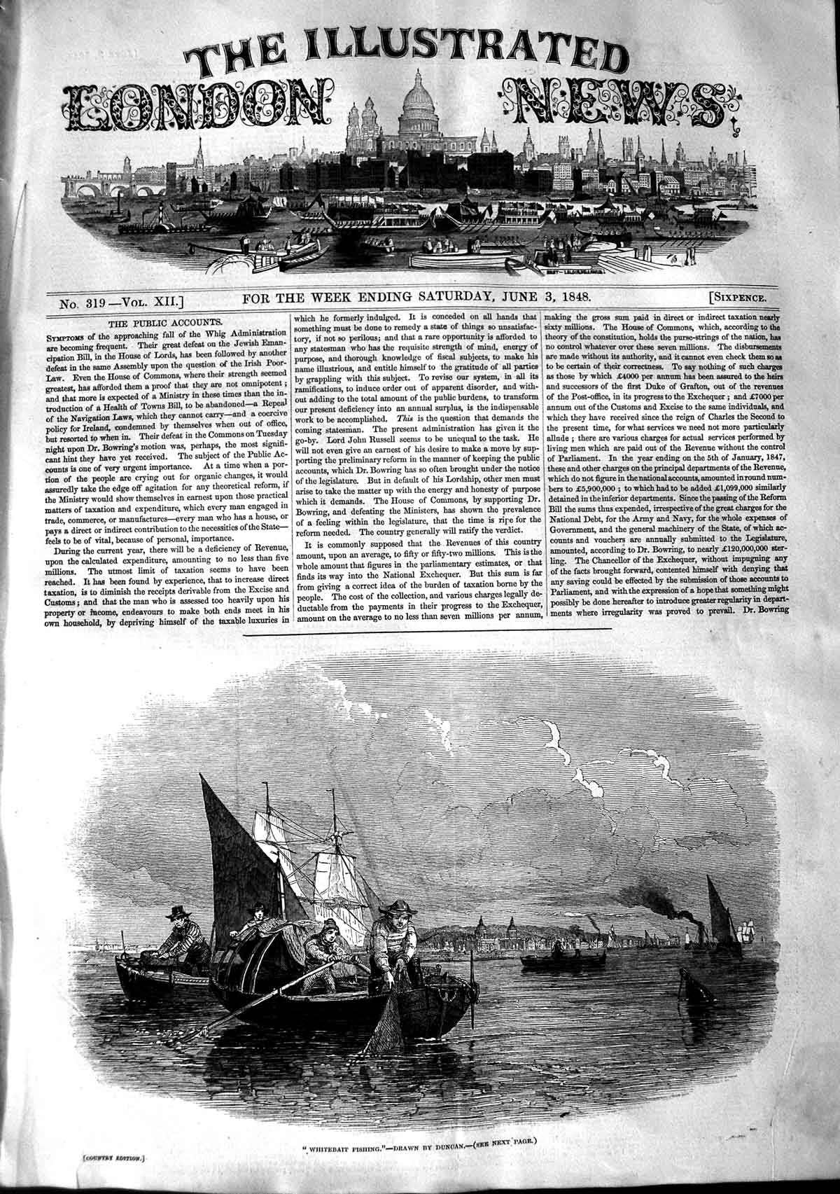 Original Old Antique Print 1848 Whitebait Fishing Boats Men Nets 19th