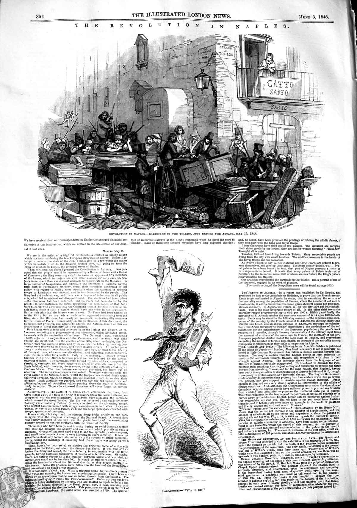 Original Old Antique Print 1848 Revolution Naples Barricade Toledo La Victorian