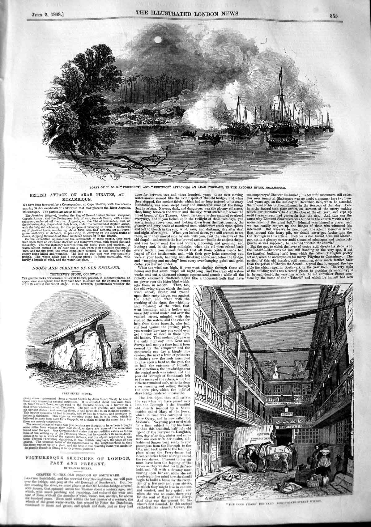 Original Old Antique Print 1848 Ships President Eurydice Mozambique Bishopgate
