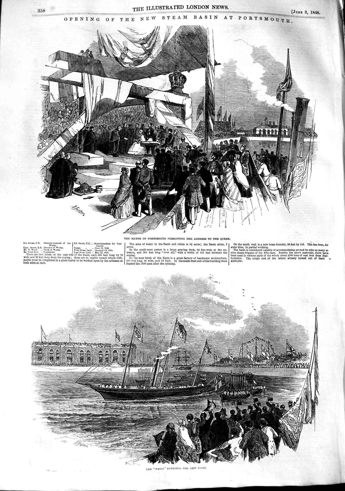 Original Old Antique Print 1848 Mayor Portsmouth Queen Steam Basin Ship Fairy