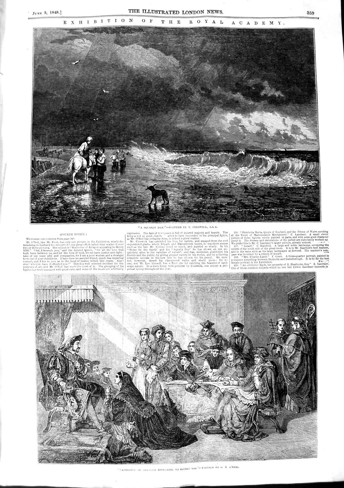 Old Antique Print 1848 Catherine Arragon Henry Viii Stormy Sea Fine Art 19th