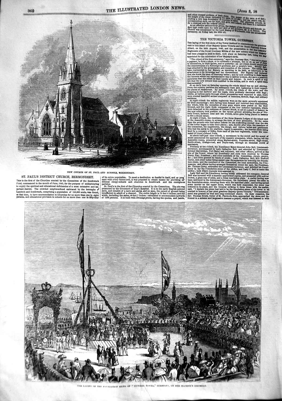 Old Antique Print 1848 Church St. Paul Schools Bermondsey Victoria Tower 19th