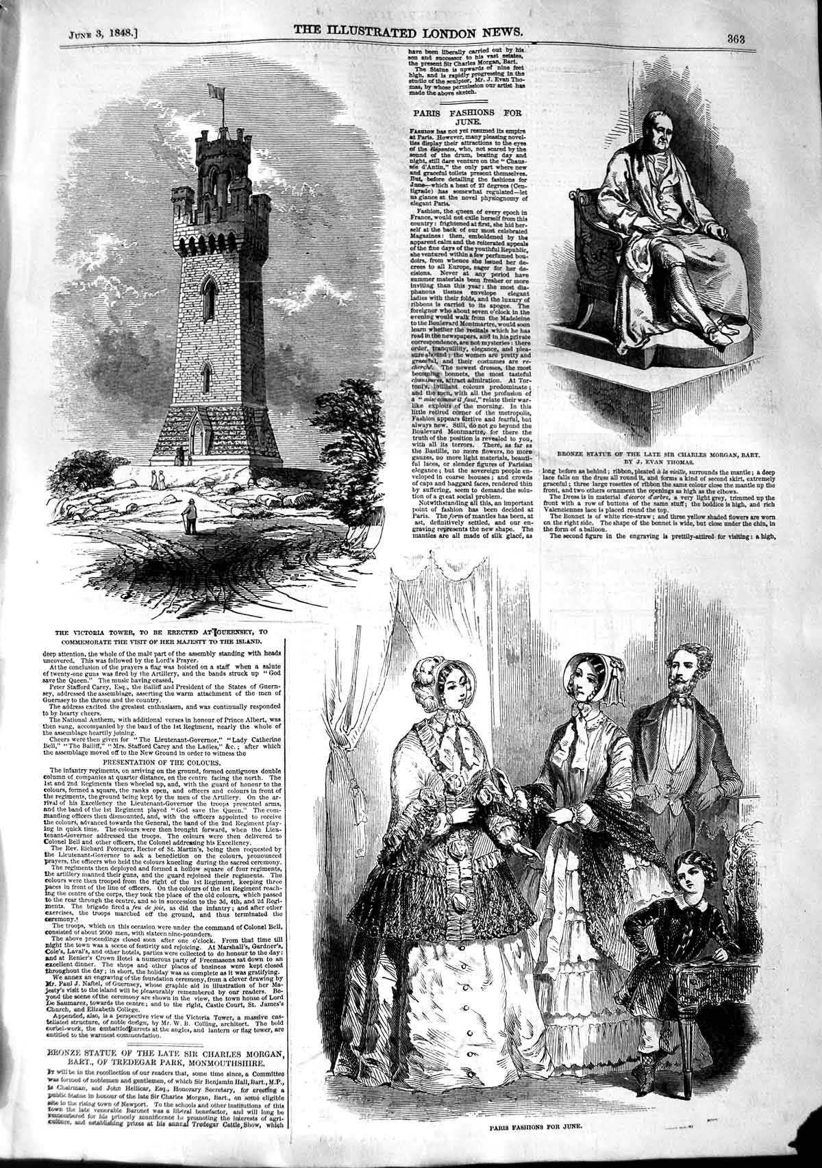 Original Old Antique Print 1848 Victoria Tower Guernsey Statue Charles Morgan