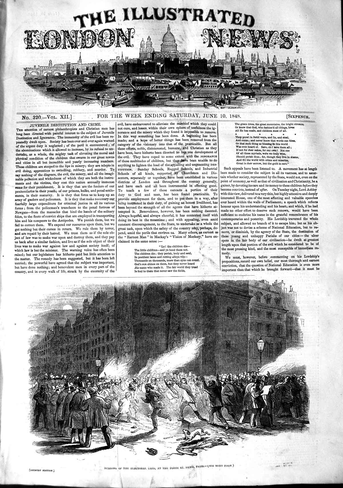 Original Old Antique Print 1848 Burning Electoral Lists Porte St. Denis Paris