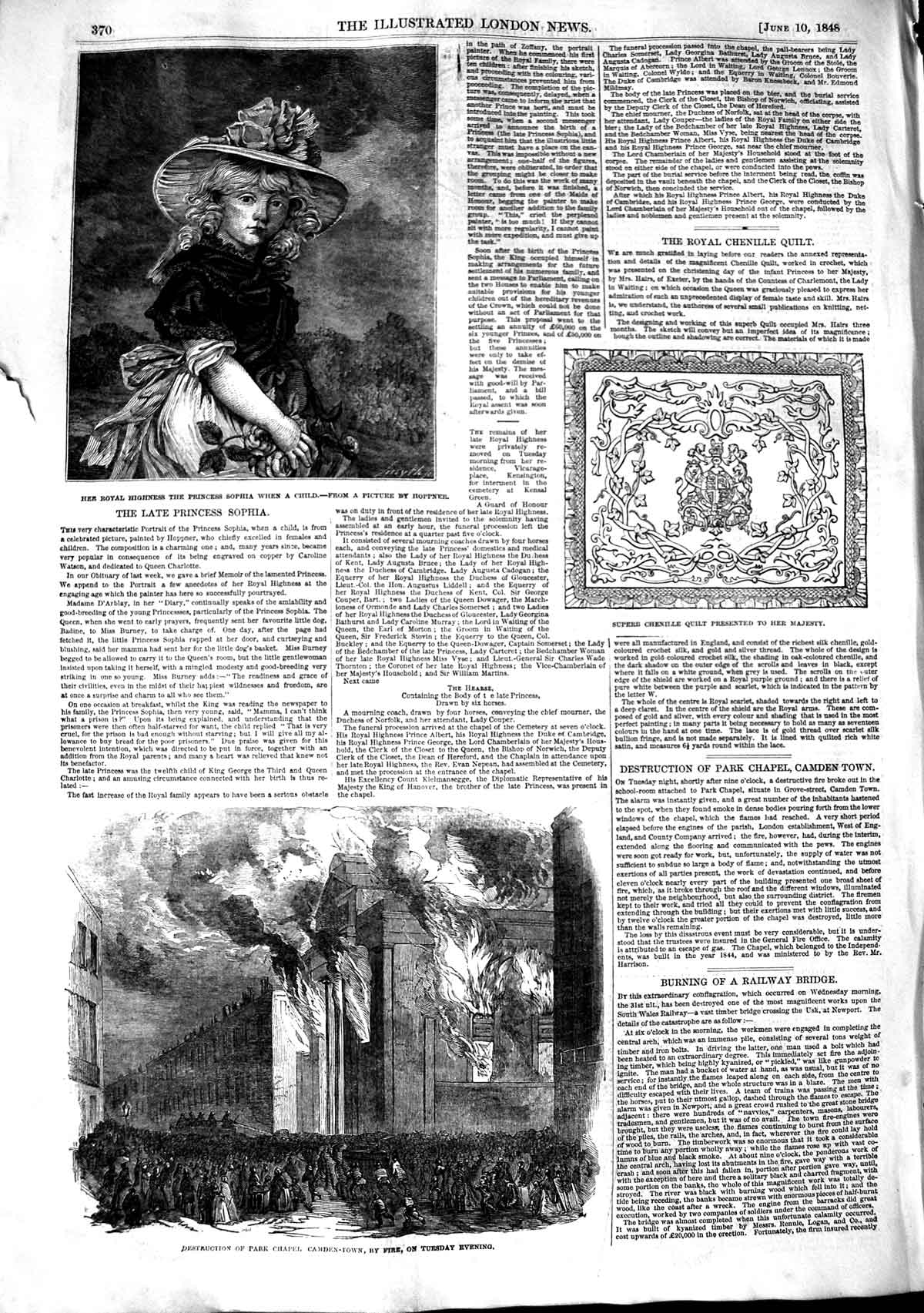 Old Antique Print 1848 Portrait Princess Sophia Fire Park Chapel Camden 19th